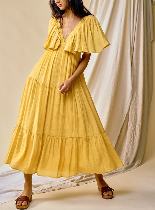So Serene Maxi Dress With Flutter Sleeves In Lemon