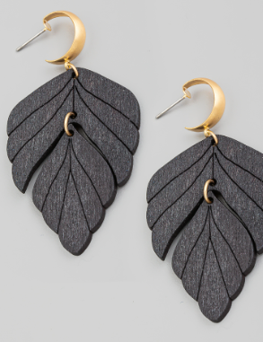 Wooden Boho Leaf Earrings Black