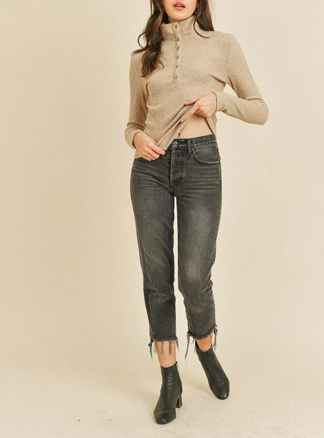 Simplicity At Its Best Taupe Ribbed Front Button Down Long Sleeve Top