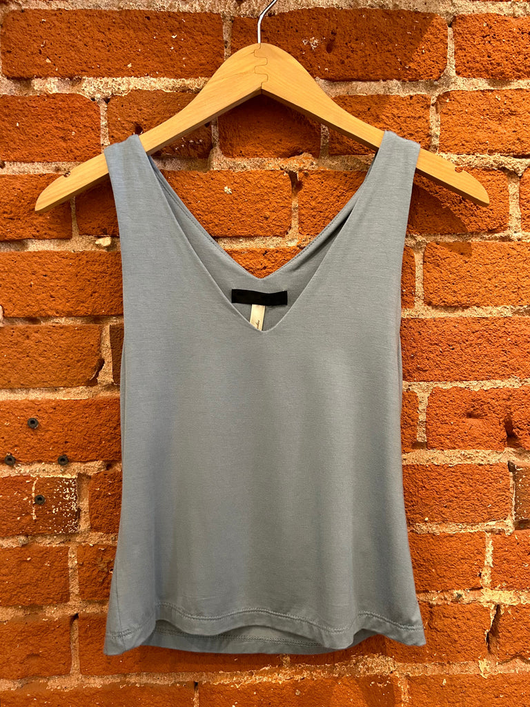 The Madison Best Selling Double Layer Ultra Soft V Neck Crop in Ash Blue