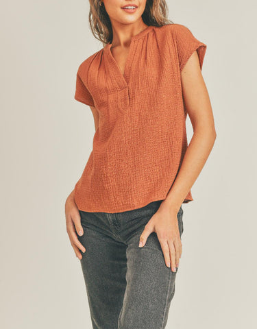 All I Need Roll Up Short Sleeve Textured Top In Taupe