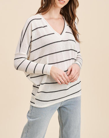 The Madison Best Selling Double Layer Ultra Soft V Neck Crop in Striped Mustard And White