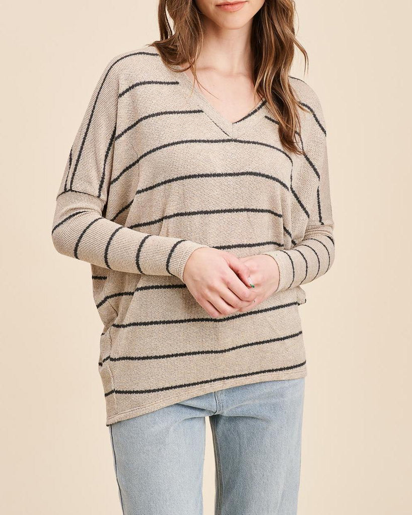 Soft V Neck Dolman Long Sleeve Top In Taupe and Black
