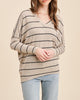 Soft V Neck Striped Dolman Long Sleeve Top In Taupe and Black