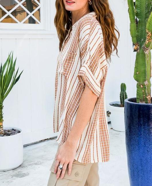 Every Moment Striped Button Down Shirt in Orange