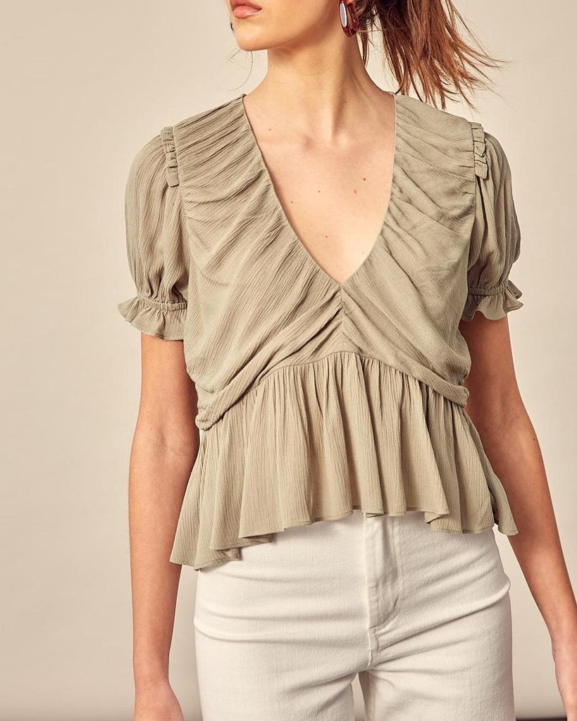 Element Of Beauty Ruched V Neck Top In Soft Olive