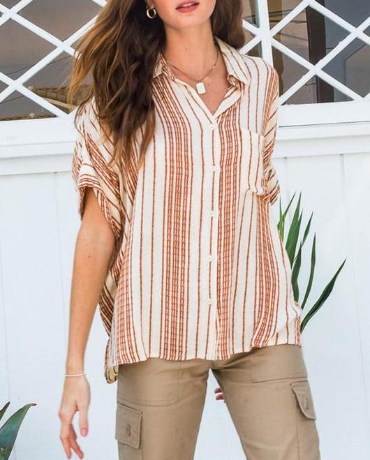 Every Moment Striped Button Down Shirt in Orange