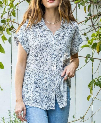 Cast Away Tropical Printed V Neck Button Down Blouse In Cream/Blue Multi
