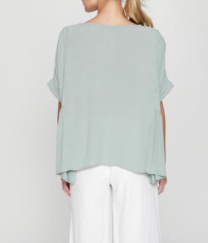 Go With The Flow Soft Woven Roll Sleeve Top In Soft Sage Green