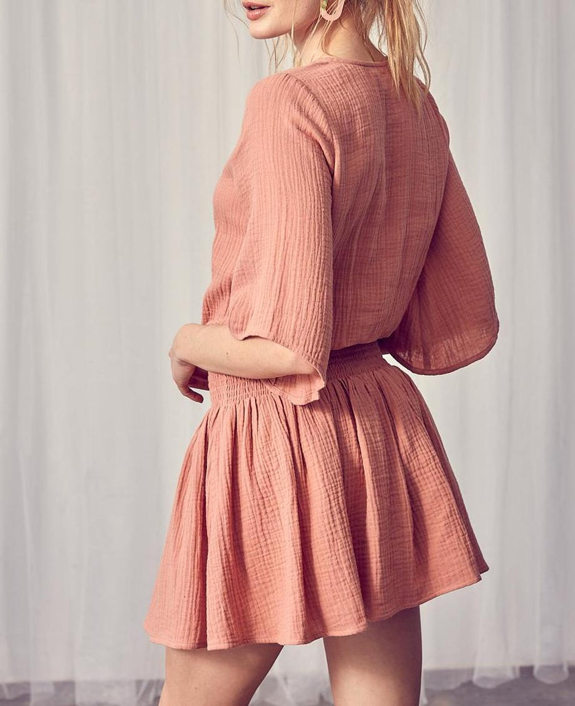 Gauze Kimono Sleeve Dress In Dusty Mauve