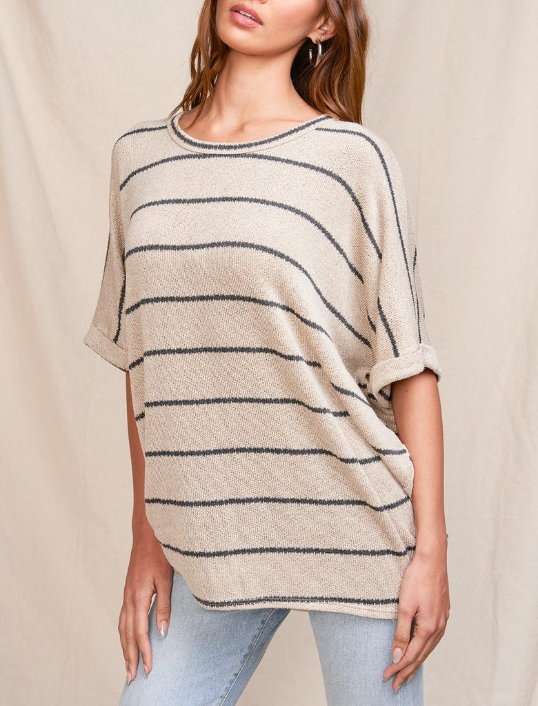 Striped Knit Dolman Short Sleeve Tee In Taupe/Black