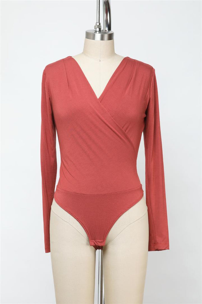 Soft Wrap Front Bodysuit (4 Colors: Brick, Emerald, Olive, Black)