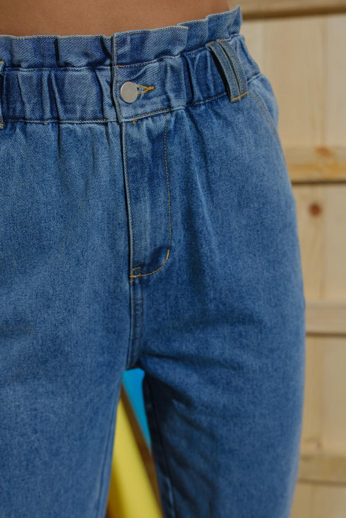 Lydia Paperbag High Waist Jeans In Blue Denim
