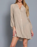 Park Ave Button Front Tunic Dress With Balloon Sleeve In Sand