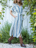 Every Moment Striped Button Down Dress In Blue Stripe