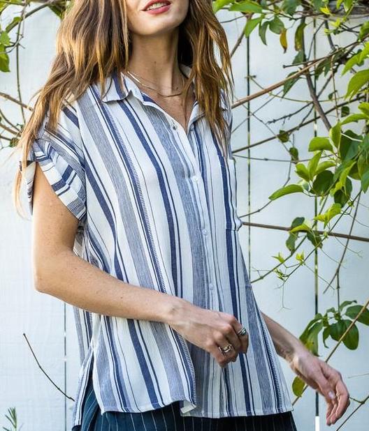 Leslie Navy & White Striped Button Down Shirt