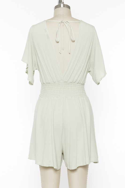 On Holiday V Neck Smocked Romper In Sage